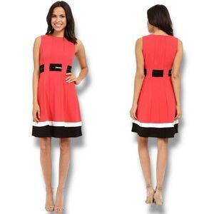 Calvin Klein Belted Contrast Stripe Fit & Flare Sleeveless Dress – Watermelon, S